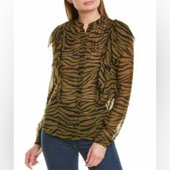 Veronica Beard Camilla Silk Ruffled Button Front Long Sleeve Blouse in Olive - 4 - Picture 1 of 9